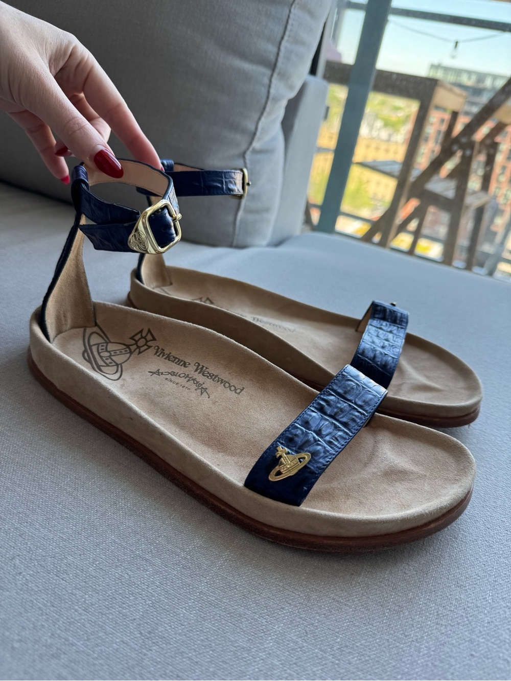 Vivienne Westwood Croc Navy Leather Ankle-Strap Sandals